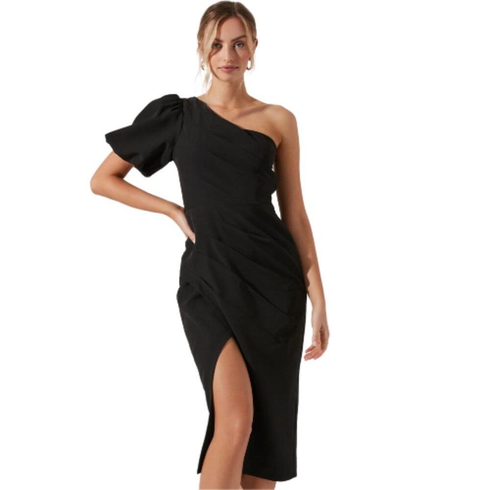 ASTR The Label Joelle One Shoulder Black Midi Dress NWT Size XS